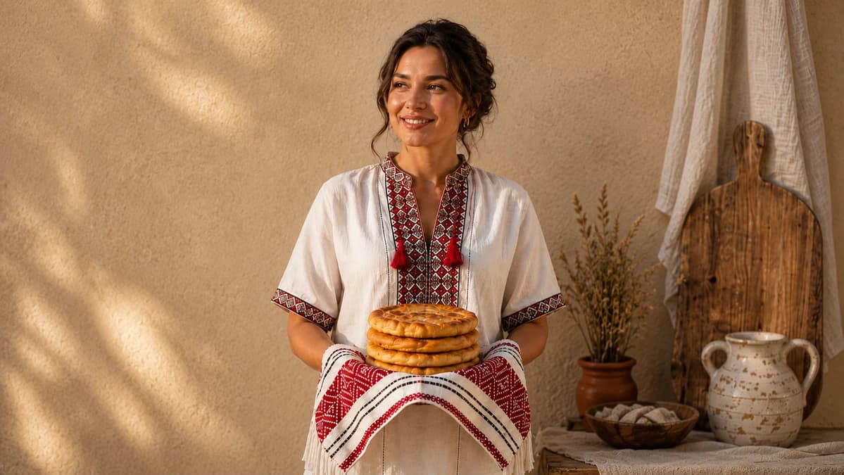 A woman in a traditional embroidered Moldovan shirt holding a stack of fresh golden Moldovan pies