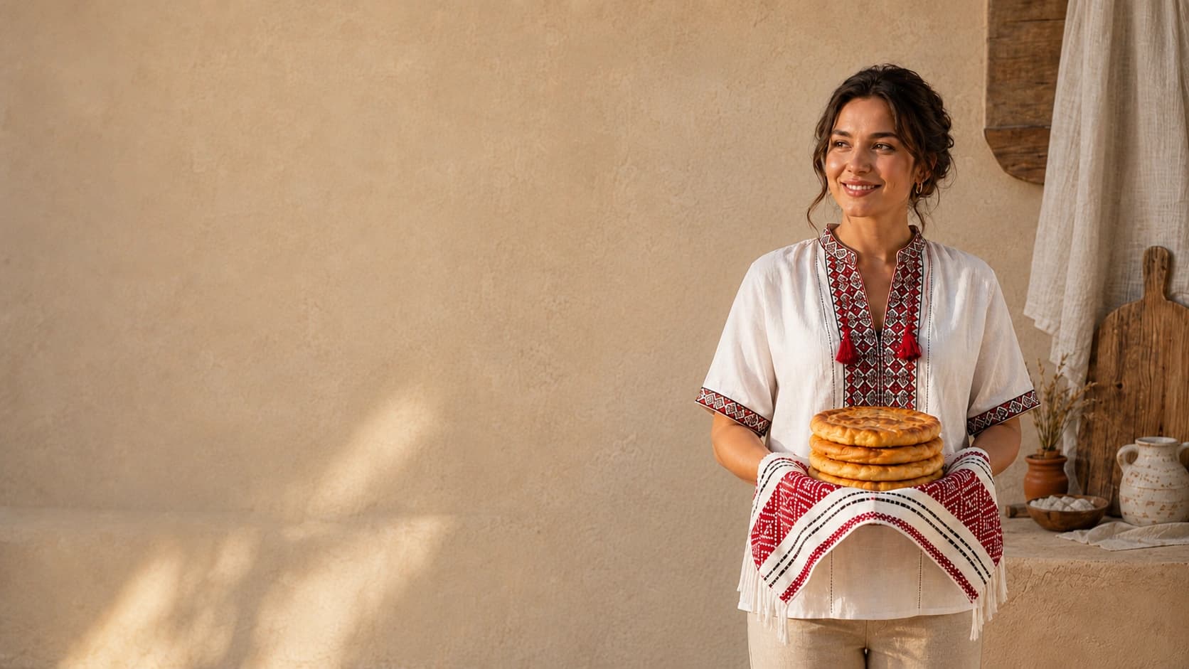 A woman in a traditional embroidered Moldovan shirt holding a stack of fresh golden Moldovan pies