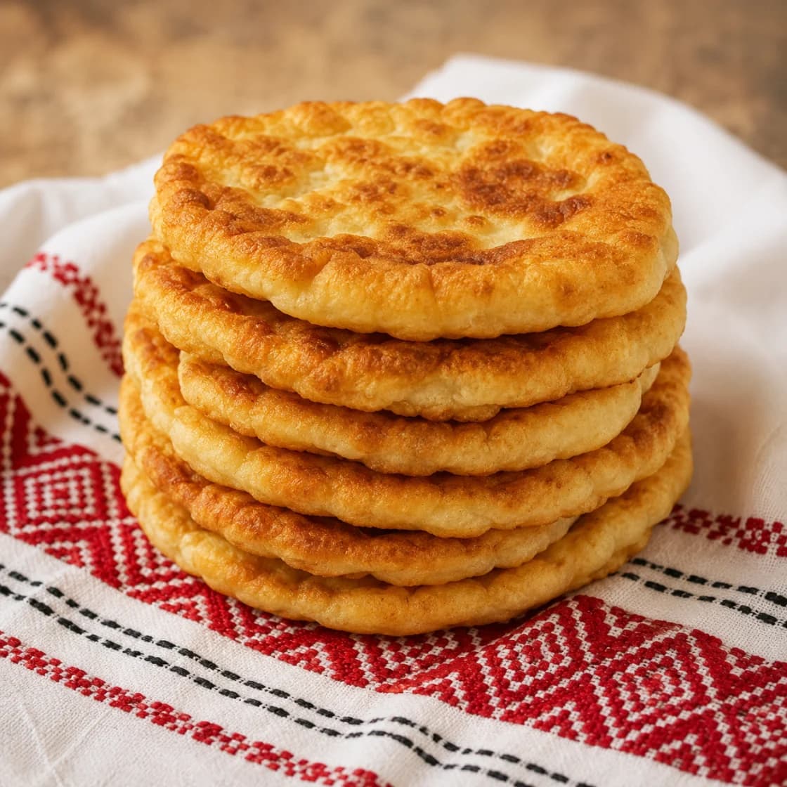 A warm stack of Moldovan pies resting on a traditional embroidered towel